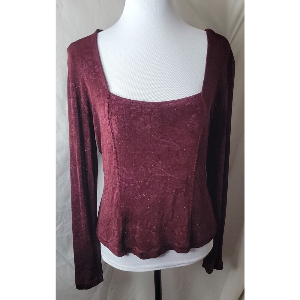 Y2K Burgundy Velvet Burnout Top Women Large Square Neck Fairy Grunge Romantic